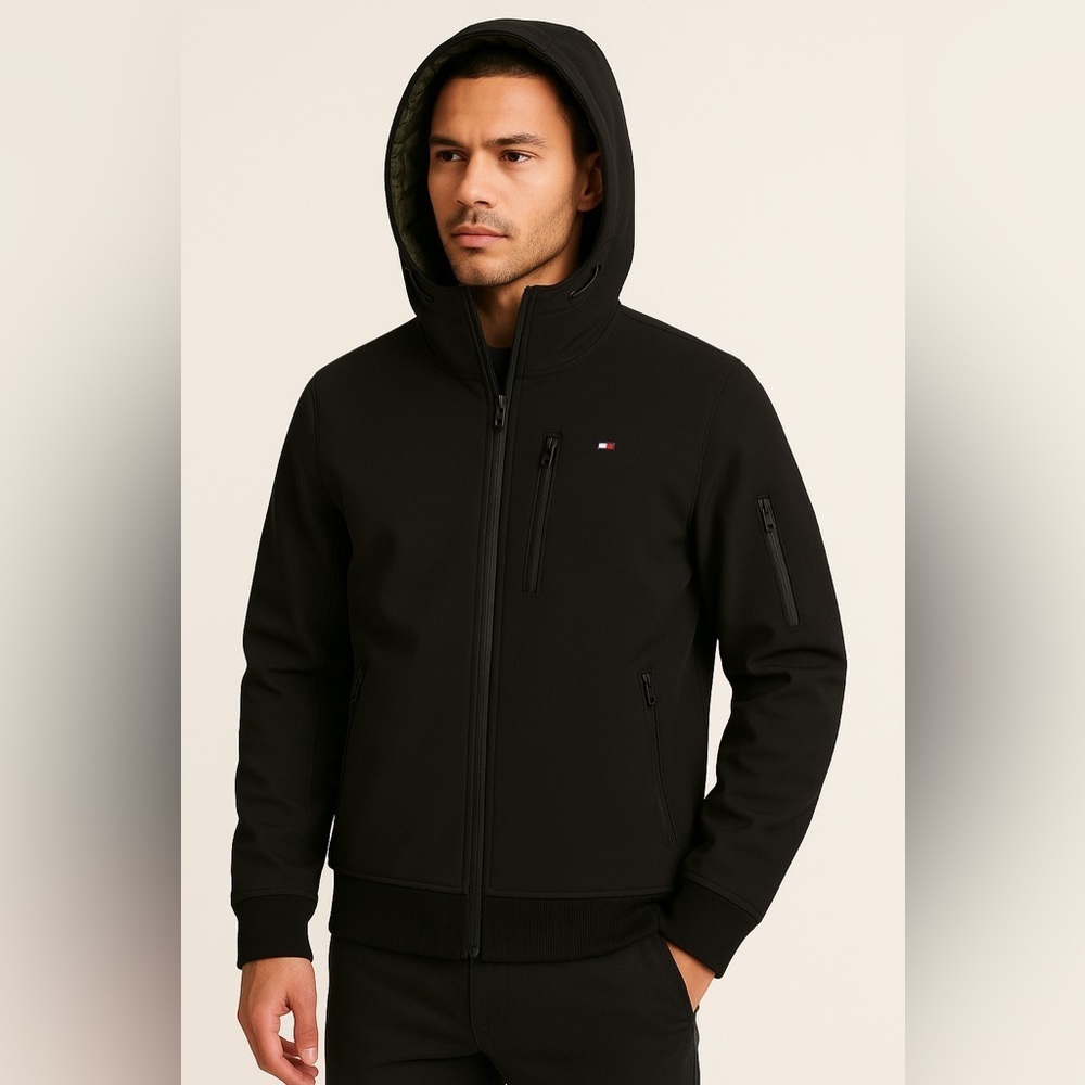 Tommy Hilfiger Softshell Hooded Jacket – Black – Men’s Size S – Double Zipper